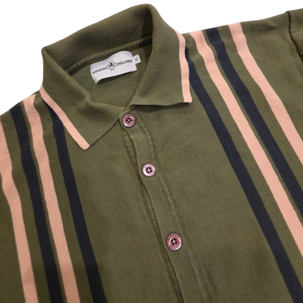 Madcap England Mens Knit Polo Shirt Olive Green Retro Stripe Button Up XL